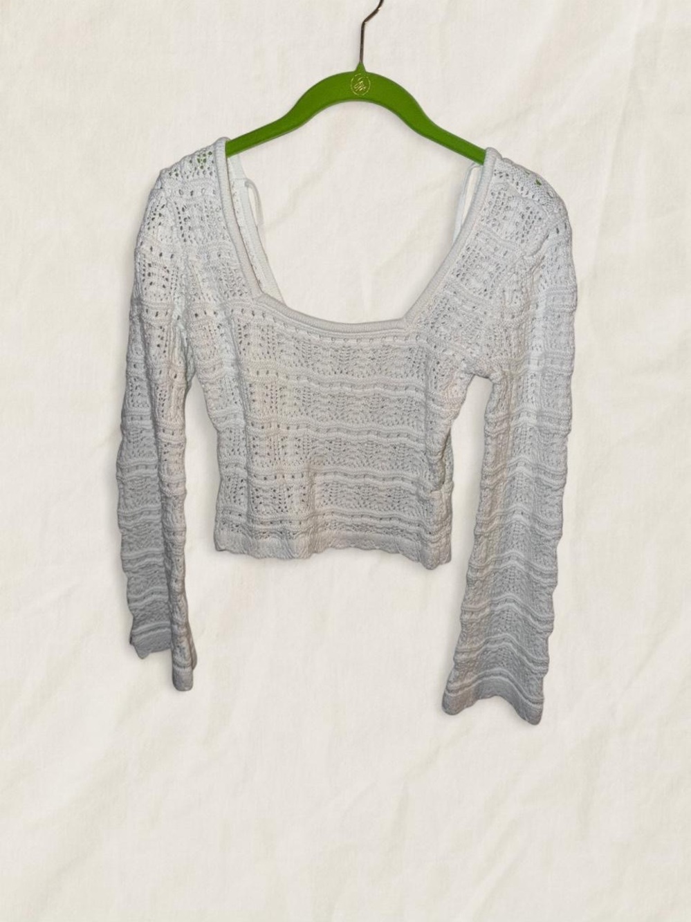 White Crochet Long-Sleeve Scoop Neck Crop Top